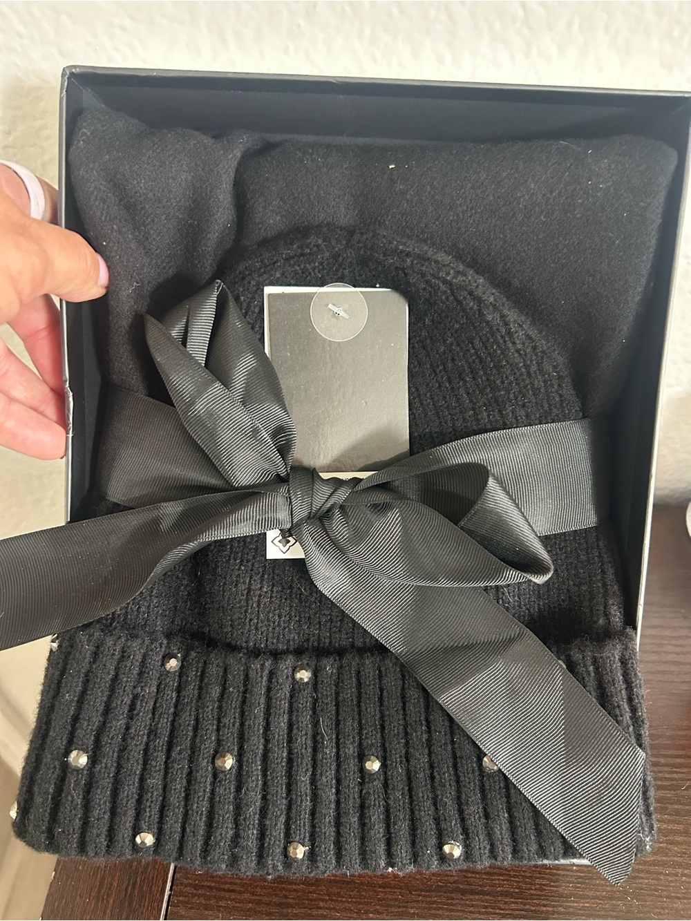 BCBG Black Ribbed Beanie with Silver Studs - Picture 3 of 4